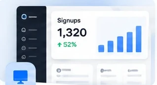 A product dashboard with 1,320 signups, up 52%.