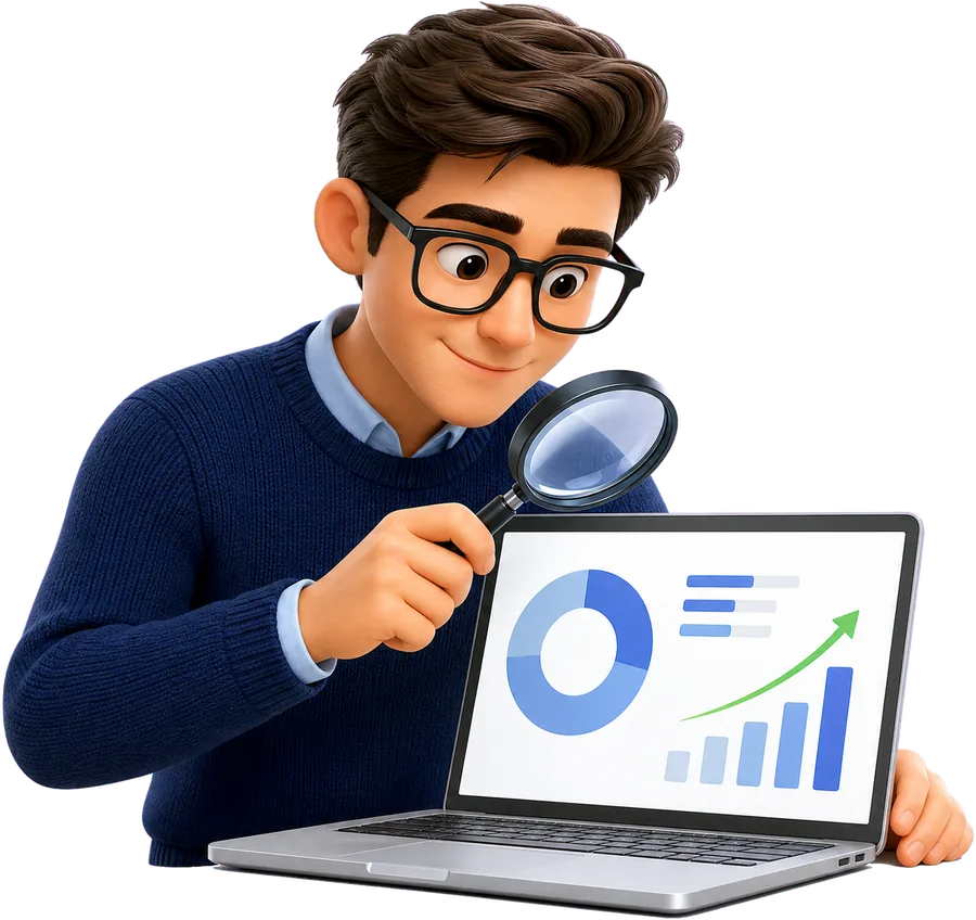 An SEO specialist inspecting a site's analytics through a magnifying glass.