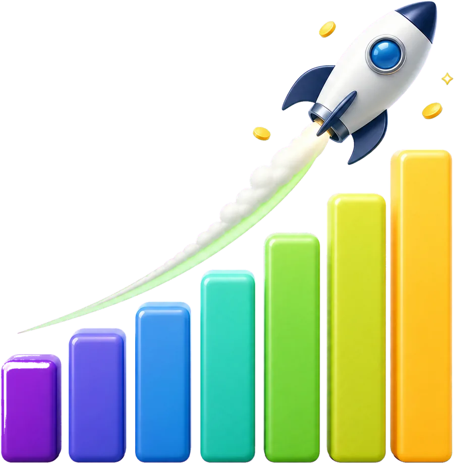 A rocket lifting off along a rising bar chart.